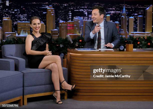 Natalie Portman and host Jimmy Fallon during a segment on "The Tonight Show Starring Jimmy Fallon" on December 12, 2018 in New York City.