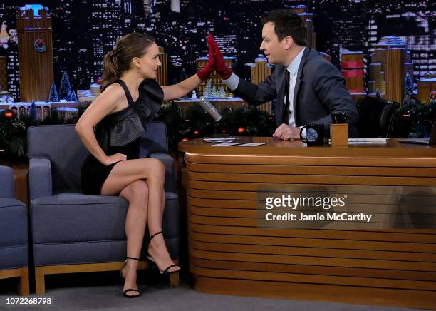 Natalie Portman and host Jimmy Fallon during a segment on "The Tonight Show Starring Jimmy Fallon" on December 12, 2018 in New York City.