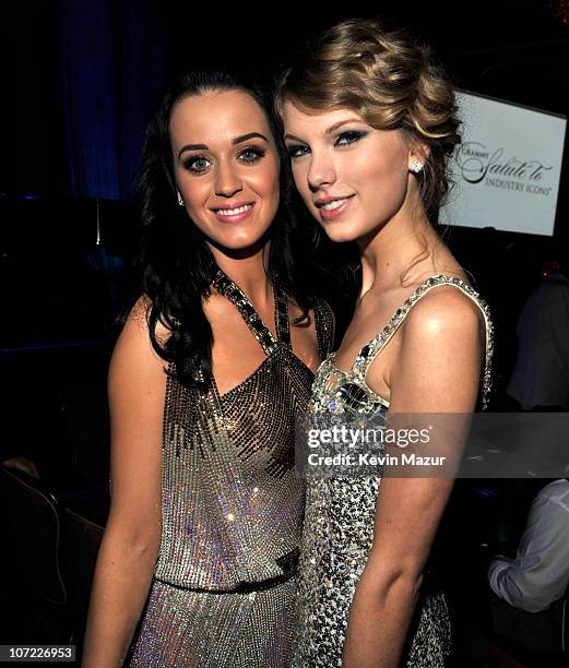 Katy Perry and Taylor Swift at the 52nd Annual GRAMMY Awards - Salute To Icons Honoring Doug Morris held at The Beverly Hilton Hotel on January 30,...