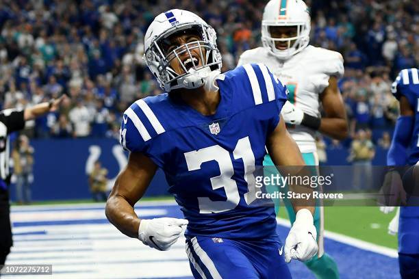 Quincy Wilson of the Indianapolis Colts reacts after a play in the game against Miami Dolphins in the second quarter at Lucas Oil Stadium on November...
