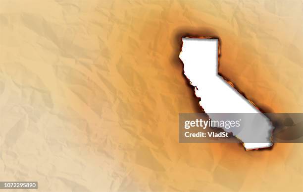ilustraciones, imágenes clip art, dibujos animados e iconos de stock de mapa de incendios forestales estado сalifornia quemar papel arrugado en el fuego - california