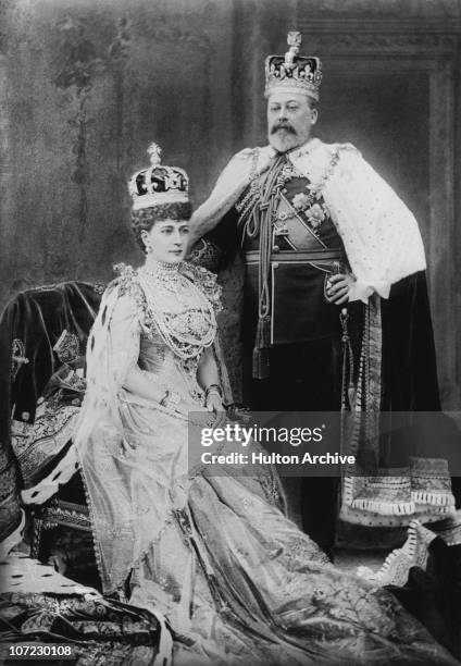 King Edward VII with his consort Queen Alexandra in London on the day of his coronation, 9th August 1902.