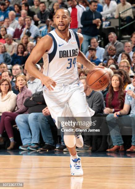 Devin Harris of the Dallas Mavericks handles the ball against the Atlanta Hawks on December 12, 2018 at the American Airlines Center in Dallas,...