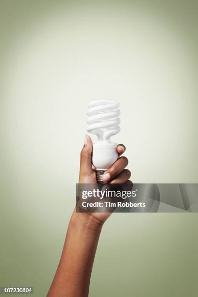 young woman holding energy efficient light bulb. - energy efficient lightbulb stock-fotos und bilder