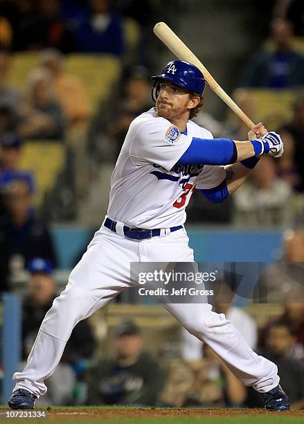 Jay Gibbons of the Los Angeles Dodgers at bat against the San Diego Padres at Dodger Stadium on September 22, 2010 in Los Angeles, California.