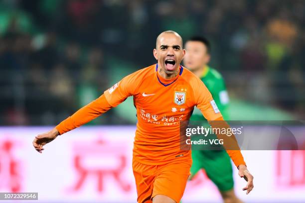 Diego Tardelli of Shandong Luneng celebrates after scoring a penalty during the 2018 CFA Cup Final match leg 1 between Beijing Guoan and Shandong...