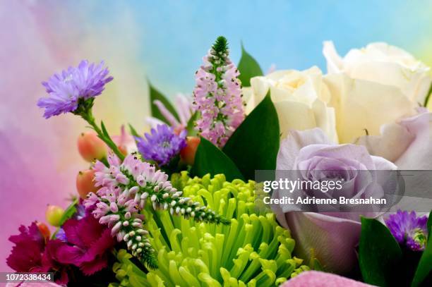 floral bouquet, close-up, against watercolor backdrop - close up of flower bouquet stock pictures, royalty-free photos & images