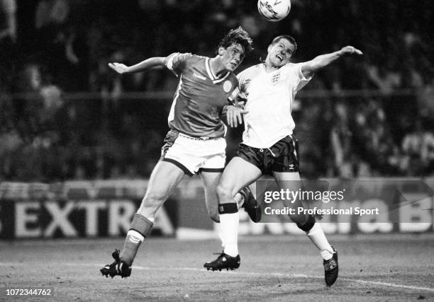 Steve Bull of England in action against Kent Nielsen of Denmark during an International Friendly match at Wembley Stadium on May 15, 1990 in London,...