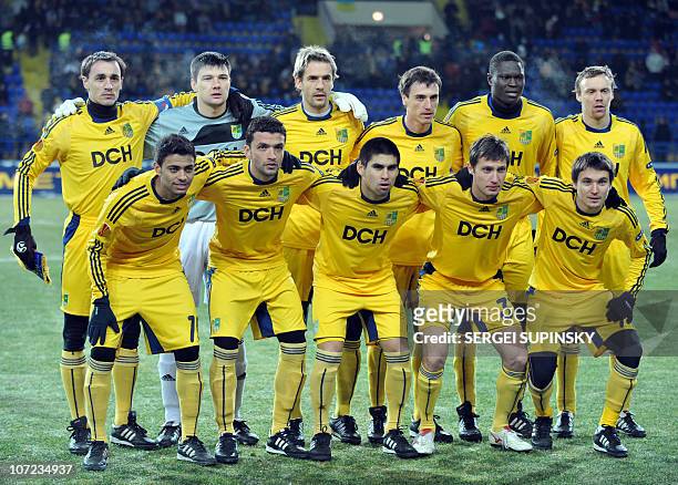 Players of FC Metalist Kharkiv pose prior to their UEFA Europa League, Group I, football match against Debreceni VSC in Kharkiv on December1,...
