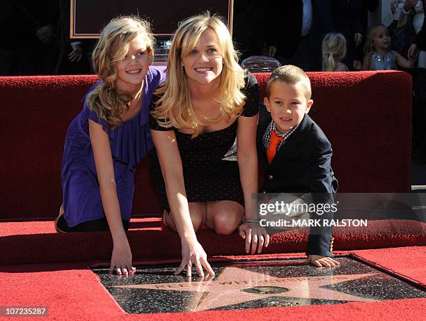 Academy Award winning actress Reese Witherspoon, daughter Ava Elizabeth Phillippe and son Deacon Phillippe pose at the unveiling of her Hollywood...