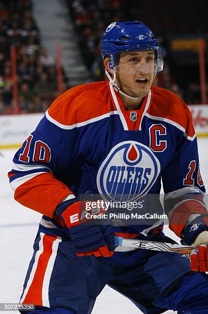 Shawn Horcoff of the Edmonton Oilers skates in a game against the Ottawa Senators at Scotiabank Place on November 29, 2010 in Ottawa, Ontario, Canada.