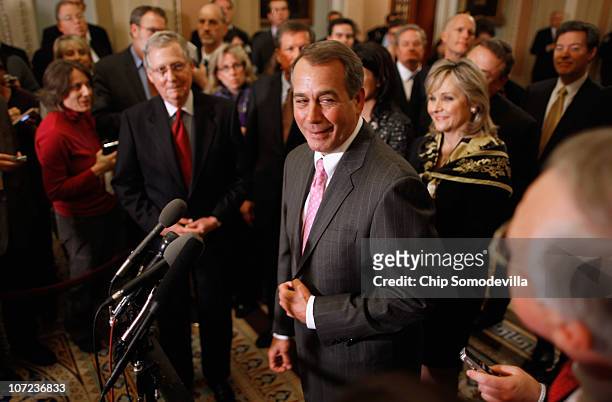 House Minority Leader John Boehner and Senate Minority Leader Mitch McConnell talk with reporters after meeting with Republican governors-elect at...