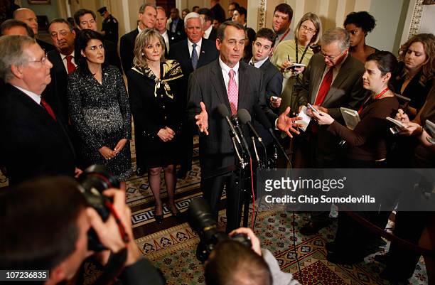 House Minority Leader John Boehner answers reporters' questions after meeting with Republican governors-elect, including Mary Fallin of Oklahoma and...
