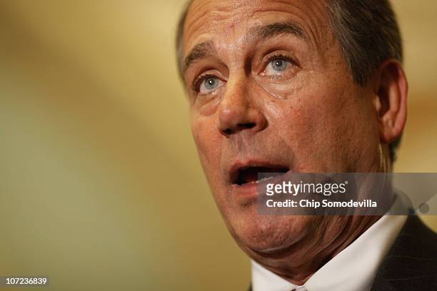 House Minority Leader John Boehner talks with reporters after meeting with Republican governors-elect at the U.S. Capitol December 1, 2010 in...