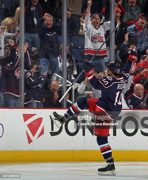 Kris Russell of the Columbus Blue Jackets scores at 2:01 of the third period against the Nashville Predators at the Nationwide Arena on December 1,...