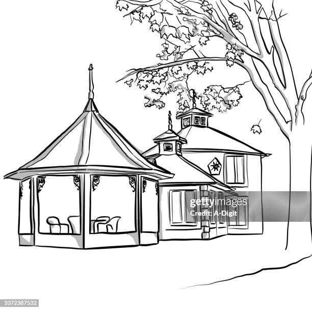 ilustraciones, imágenes clip art, dibujos animados e iconos de stock de gazebo de otoño tranquilo - roofing-clip-art