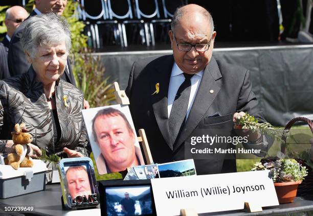 Governor-General of New Zealand Sir Anand Satyanand and Lady Susan Satyanand lay a fern at a national memorial service for the 29 miners that lost...