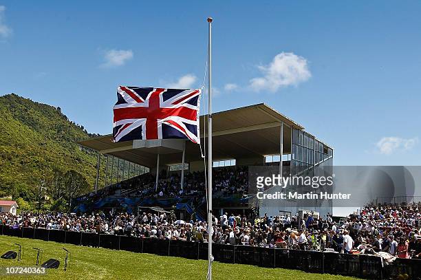 The British flag fly's at half mast during the national memorial service for the 29 miners that lost their lives in the Pike River Mine at Omoto...
