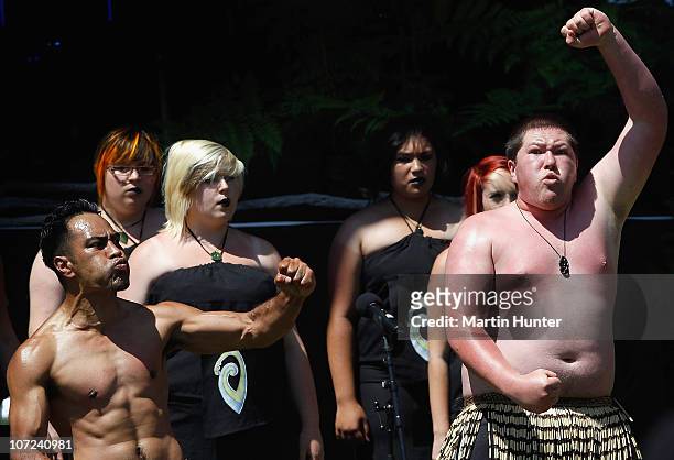 Members of a Maori Kapa haka group perform at a national memorial service for the 29 miners that lost their lives in the Pike River Mine at Omoto...