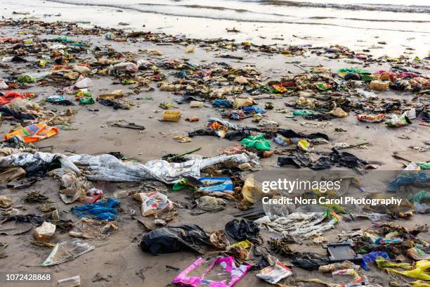 trash and plastics at the beach - beach pollution - ocean pollution stock pictures, royalty-free photos & images