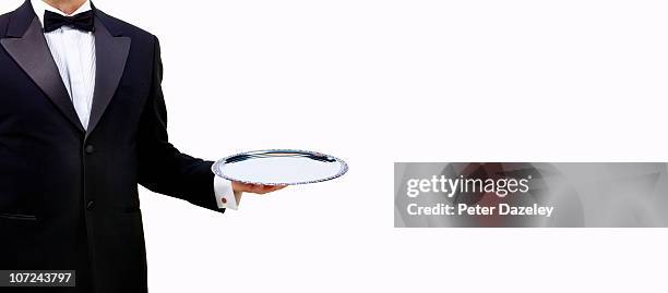 butler waiter with empty serving tray - serving tray stock pictures, royalty-free photos & images