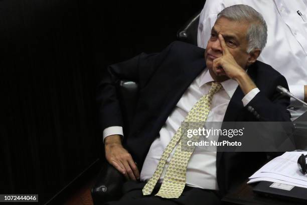 Ousted Sri Lankan prime minister Ranil Wickremesinghe attends a session at the parliament complex, Colombo, Sri Lanka.