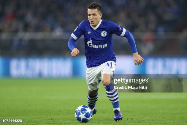 Yevhen Konoplyanka of FC Schalke 04 controls the ball during the UEFA Champions League Group D match between FC Schalke 04 and FC Lokomotiv Moscow at...