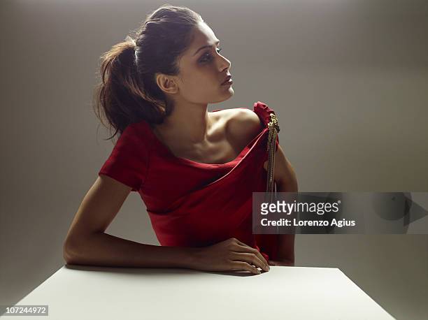 Actor Freida Pinto poses for a portrait shoot wearing Chanel Haute Couture in London on October 19, 2010.