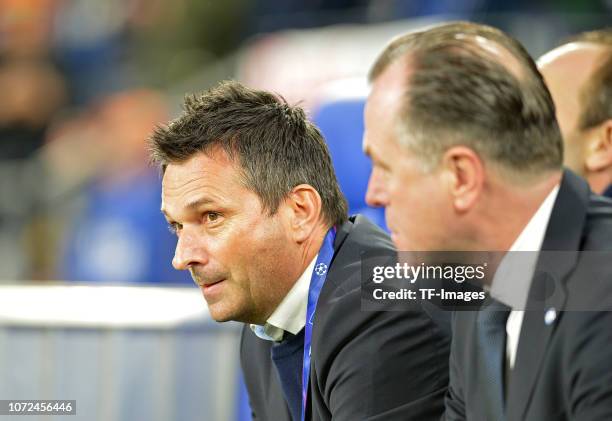 Christian Heidel of Schalke and Clemens Toennies of Schalke looks on during the UEFA Champions League Group D match between FC Schalke 04 and FC...