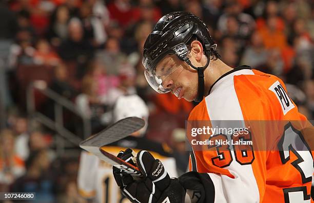 Darroll Powe of the Philadelphia Flyers on the ice against the Boston Bruins at the Wells Fargo Center on December 1, 2010 in Philadelphia,...