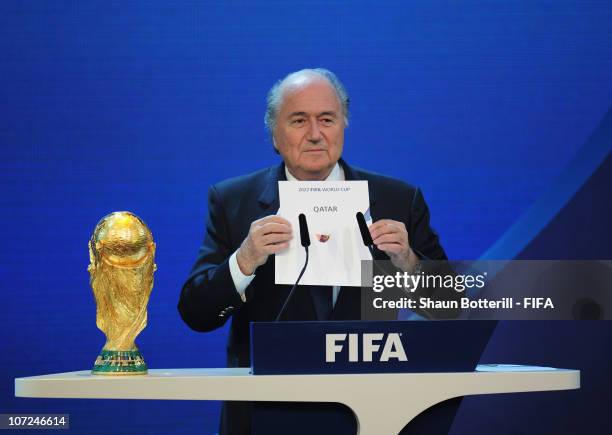 President Joseph S Blatter reveals Qatar as holders for the 2022 World Cup at the Messe on December 2, 2010 in Zurich, Switzerland.