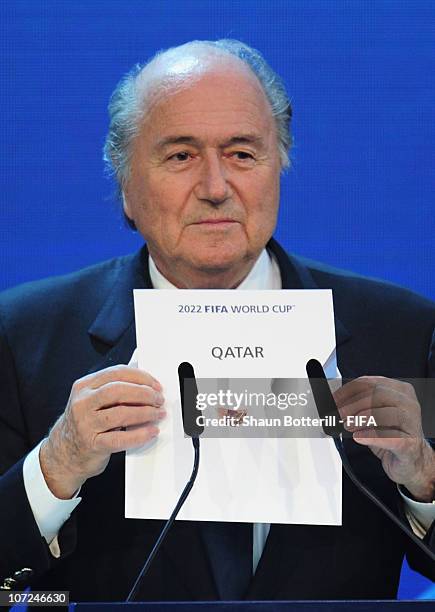 President Joseph S Blatter reveals Qatar as holders for the 2022 World Cup at the Messe on December 2, 2010 in Zurich, Switzerland.
