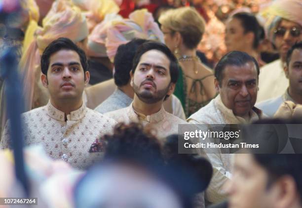 Reliance Industries Chairman Mukesh Ambani with sons Anant Ambani and Akash Ambani during wedding of his daughter Isha Ambani and Anand Piramal at...