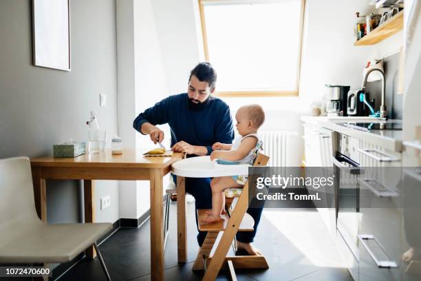 single father feeding baby in high chair - cadeirinha imagens e fotografias de stock