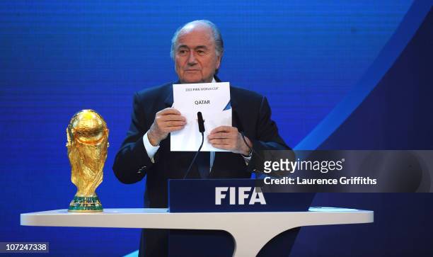 President Joseph S Blatter reveals Qatar as holders for the 2022 World Cup at the Messe on December 2, 2010 in Zurich, Switzerland.