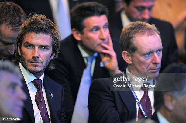 David Beckham, Lord Coe and Andy Anson of the England 2018 bid look on during the FIFA World Cup 2018 & 2022 Host Announcement on December 2, 2010 in...