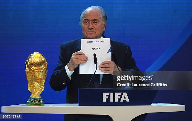 President Joseph S Blatter names Qatar as the winning hosts of 2022 during the FIFA World Cup 2018 & 2022 Host Countries Announcement at the Messe...
