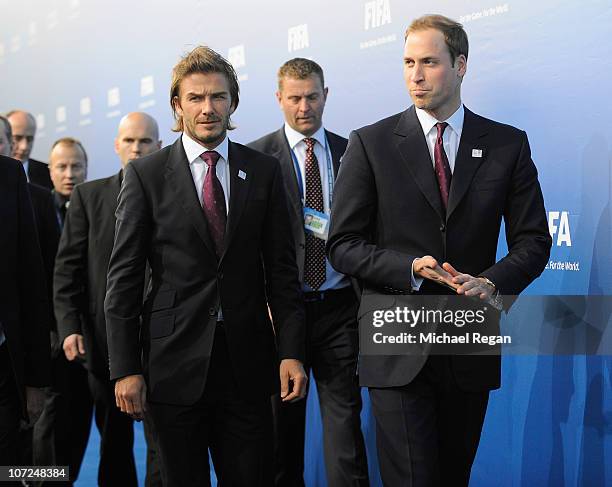 David Beckham and Prince William of the England 2018 bid arrive during the FIFA World Cup 2018 & 2022 Host Announcement on December 2, 2010 in...