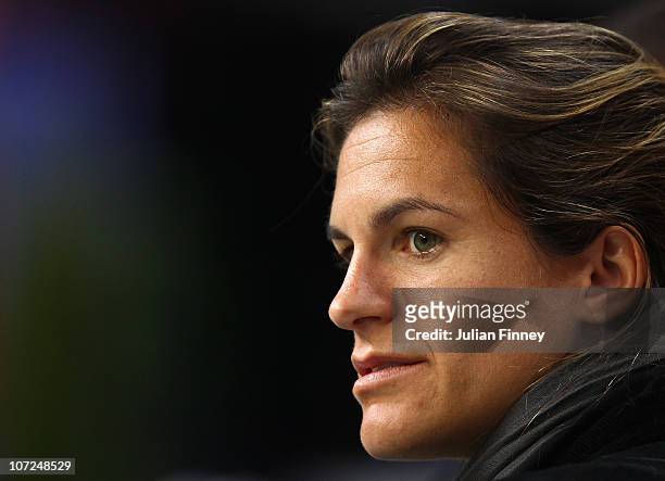Amelie Mauresmo of France attends the french team practice session at the Begrade Arena on December 2, 2010 in Belgrade, Serbia.