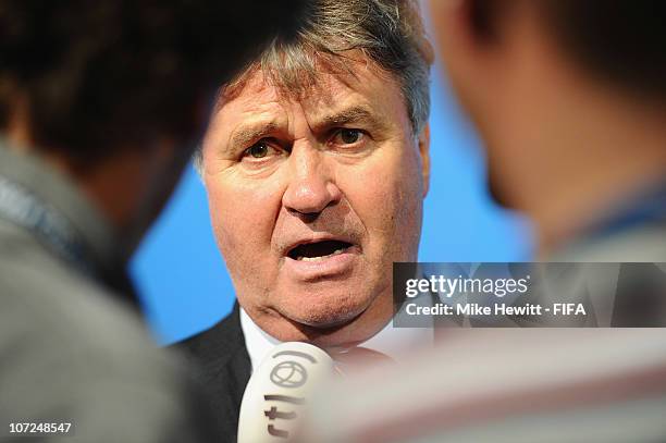 Disappointed Guus Hiddink, Ambassador of the Holland Belgium Bid faces the press after Russia were awarded the 2018 FIFA World Cup on December 2,...