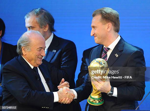 Joseph S Blatter congratulates Deputy Russia Prime Minister Igor Shuvalov after Russia was awarded the World Cup 2018 to the FIFA Executive Committee...