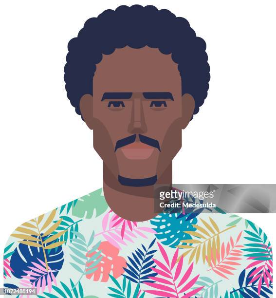 ilustraciones, imágenes clip art, dibujos animados e iconos de stock de avatar de vector de bigote hipster africana afro - cara chico joven guapo