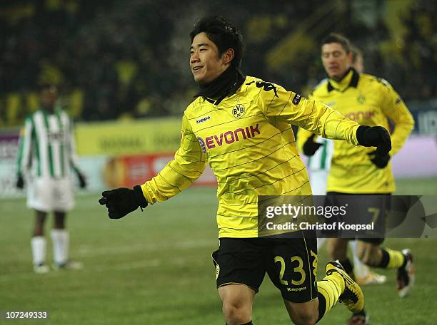 Shinji Kagawa of Dortmund celebrates the first goal during the UEFA Europa League group J match between Borussia Dortmund and Karpaty Lviv at Signal...