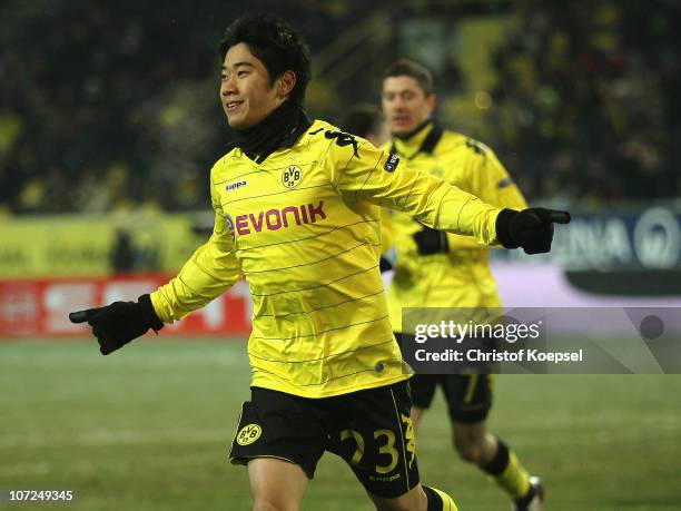 Shinji Kagawa of Dortmund celebrates the first goal during the UEFA Europa League group J match between Borussia Dortmund and Karpaty Lviv at Signal...