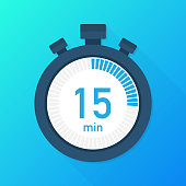 The 15 minutes, stopwatch vector icon. Stopwatch icon in flat style, timer on on color background.  Vector illustration.