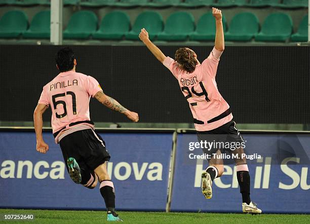 Nicola Rigoni of Palermo celebrates after scoring the opening goal during the Uefa Europa League Group F match between Palermo and Sparta Prague at...