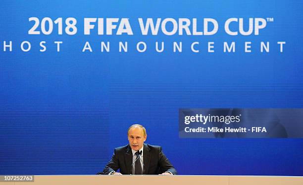 Russia Prime Minister Vladimir Putin faces the press following the announcement that Russia will host the FIFA World Cup 2018 on December 2, 2010 in...