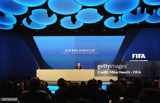Russia President Vladimir Putin faces the press following the announcement that Russia will host the FIFA World Cup 2018 on December 2, 2010 in...