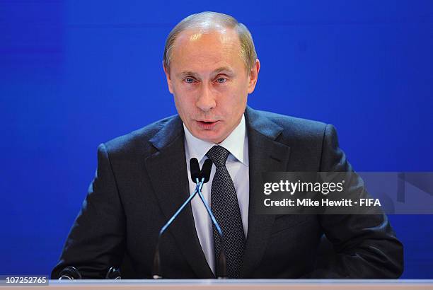 Russia Prime Minister Vladimir Putin faces the press following the announcement that Russia will host the FIFA World Cup 2018 on December 2, 2010 in...