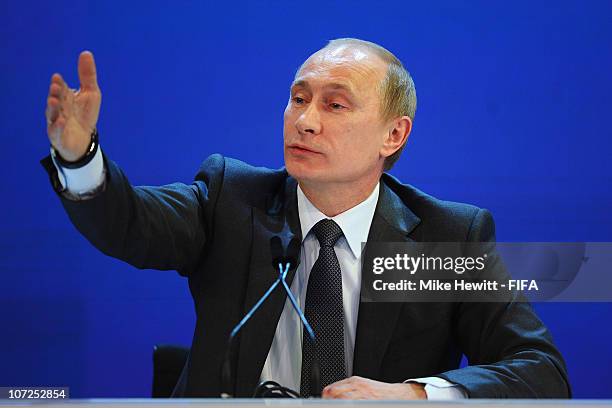 Russia Prime Minister Vladimir Putin faces the press following the announcement that Russia will host the FIFA World Cup 2018 on December 2, 2010 in...